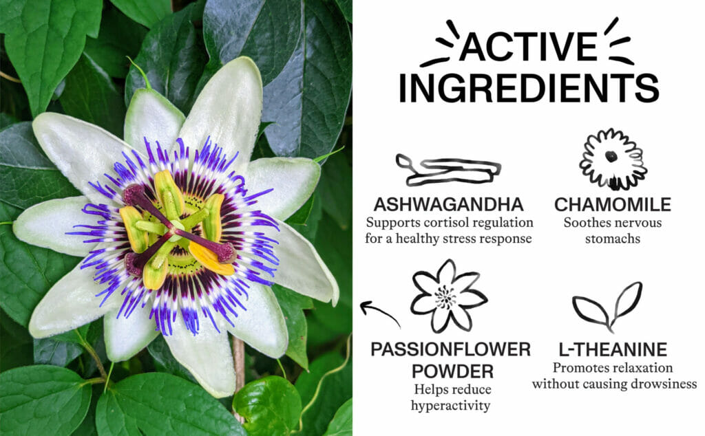 Active ingredients feature. Ashwagandha, Chamomile, Passionfruit flower, and L-theanine. 