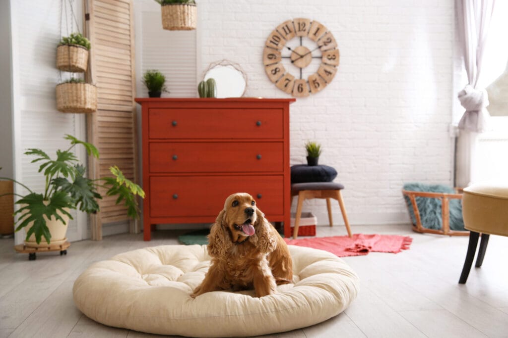 Cocker spaniel sitting on his bed in an apartment